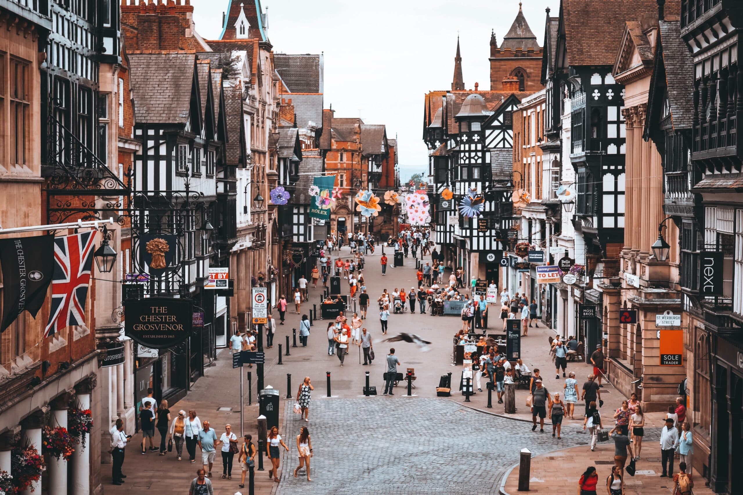 Historic streets and half-timbered buildings in Chester city centre